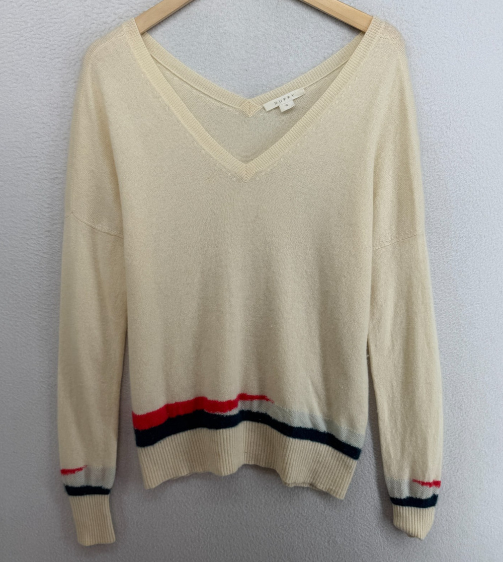 DUFFY Sweater Womens S Cashmere Oversized V-Neck Pullover Jumper Off White